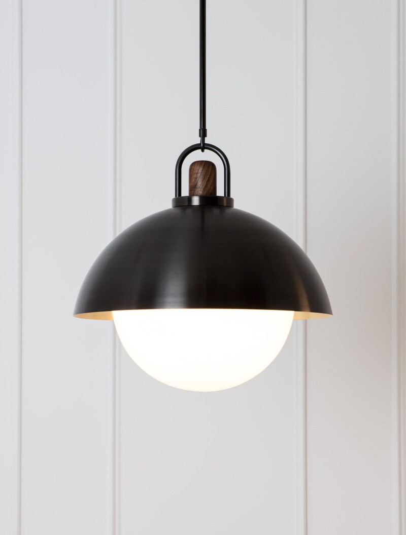 Arc Dome 20" in Blackened Brass, Brass Interior, Black Walnut, and Opal Globe.